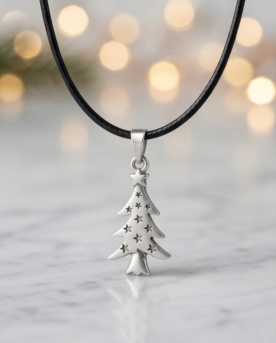 The Starry Pine: Minimalist Matte Silver Christmas Tree Pendant Necklace