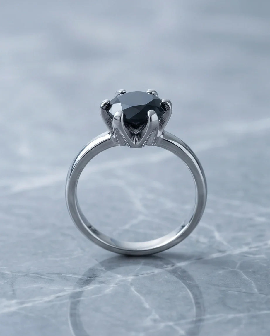 Sterling Silver Round-Cut High Crown Black Solitaire Ring