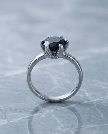 Sterling Silver Round-Cut High Crown Black Solitaire Ring
