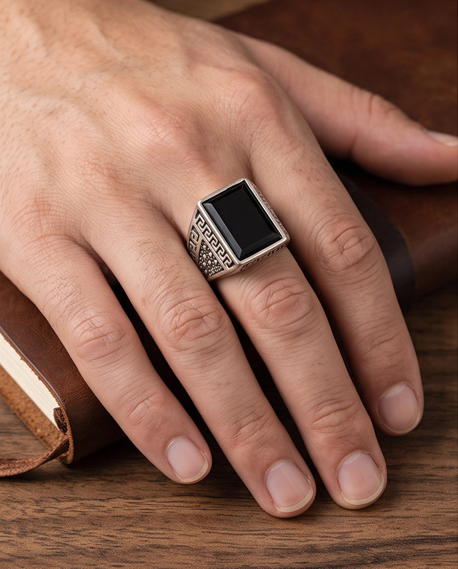 Onyx Gemstone Rectangular Flat-Top Greek Key Silver Ring
