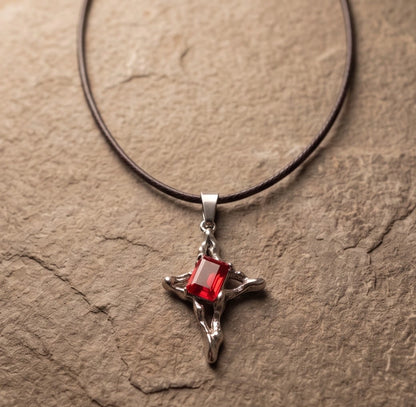 Silver Red Gemstone Gothic Cross Pendant Necklace