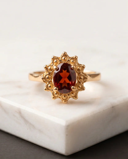 Vintage Gold Oval Garnet Victorian Halo Ring