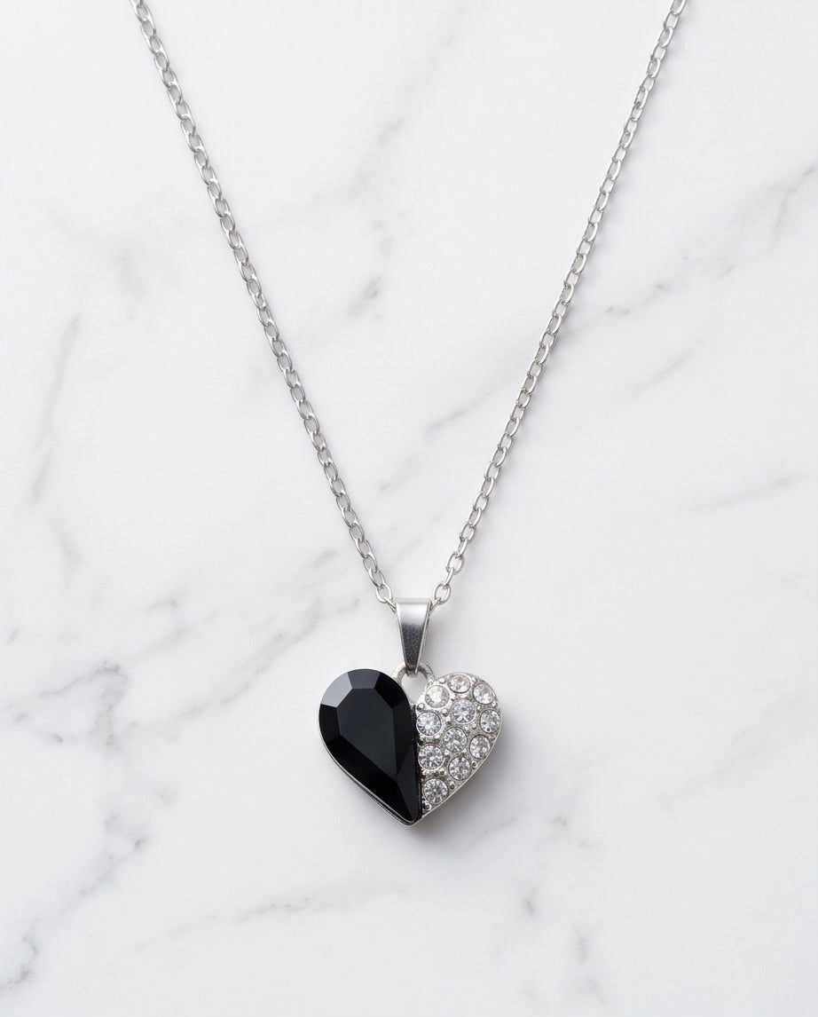 Silver Onyx Heart Pavé Pendant Necklace