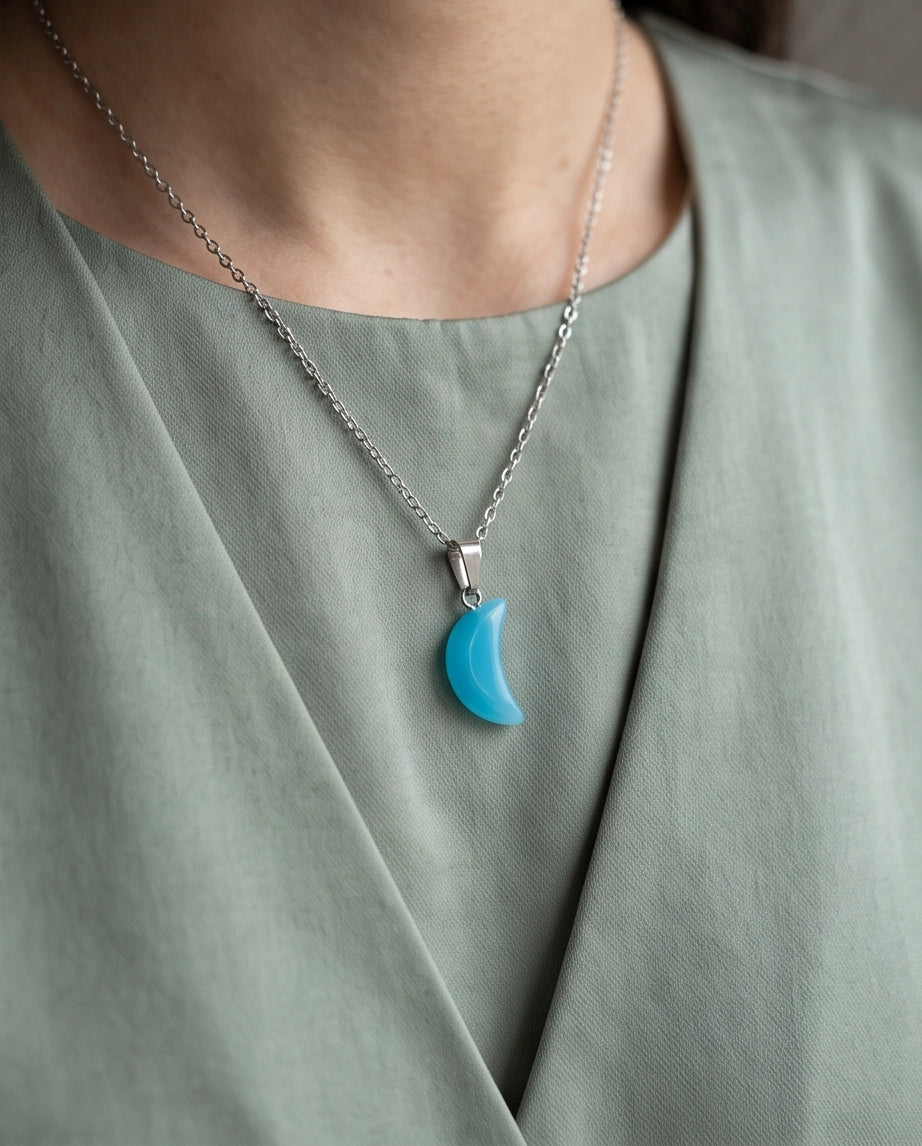 Silver Light Blue Crescent Moon Resin Pendant Necklace