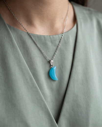 Silver Light Blue Crescent Moon Resin Pendant Necklace