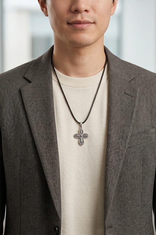 Silver Textured Petal Cross Necklace