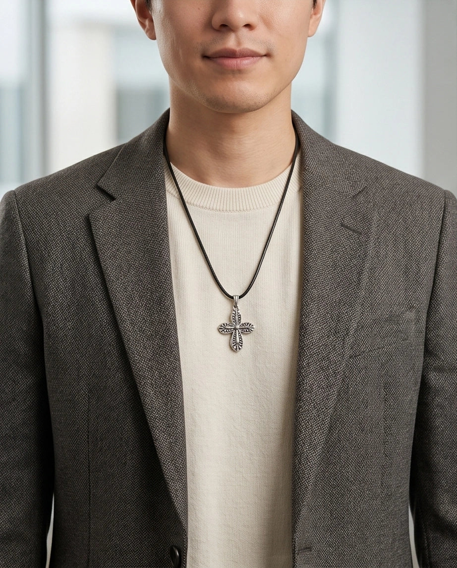 Silver Textured Petal Cross Necklace