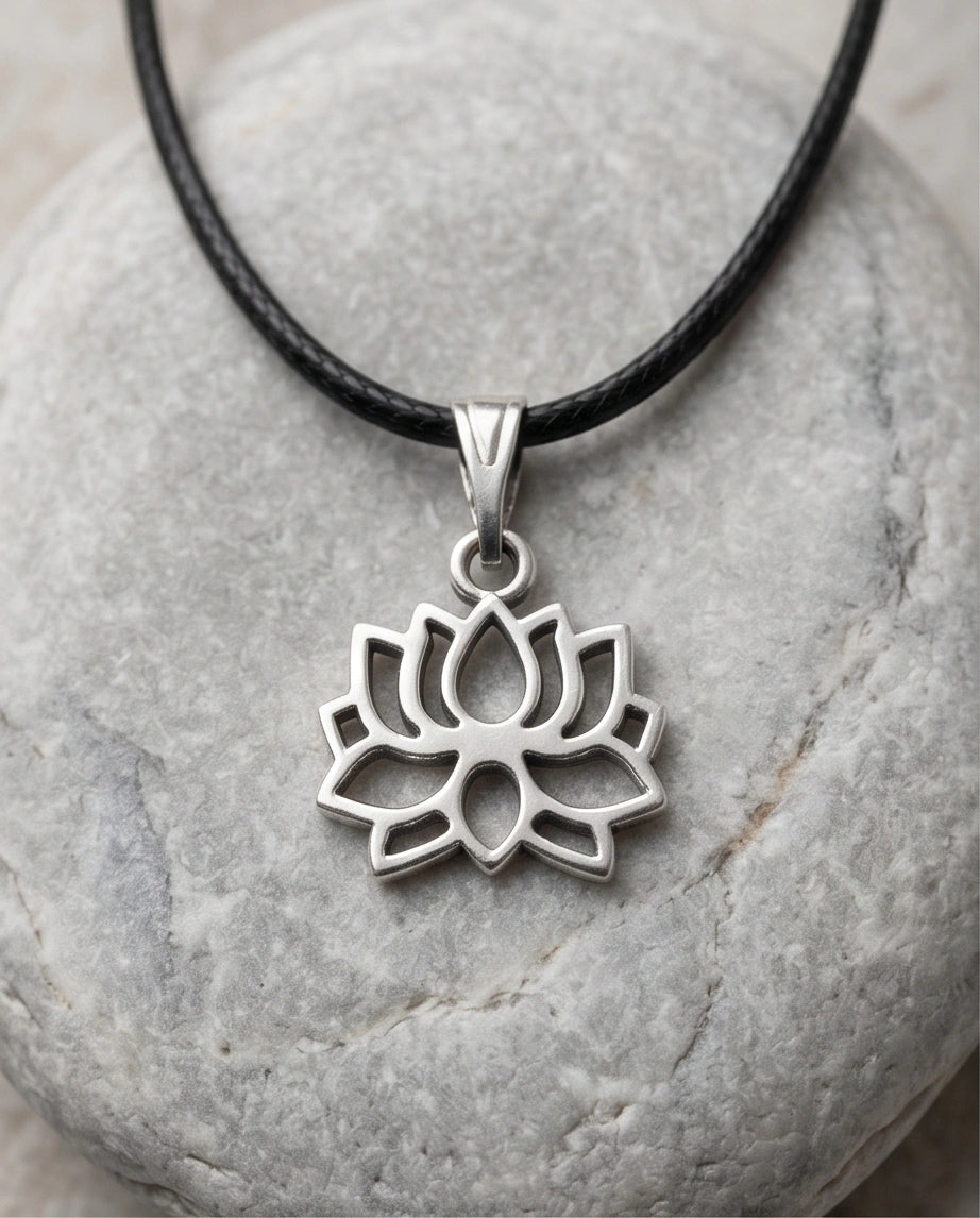 The Zen Bloom: Geometric Matte Silver Lotus Pendant Necklace