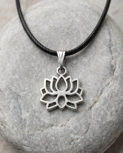 The Zen Bloom: Geometric Matte Silver Lotus Pendant Necklace