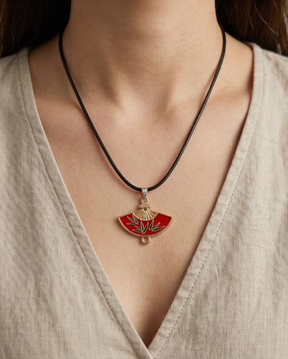 Crimson Bamboo Fan Pendant Necklace