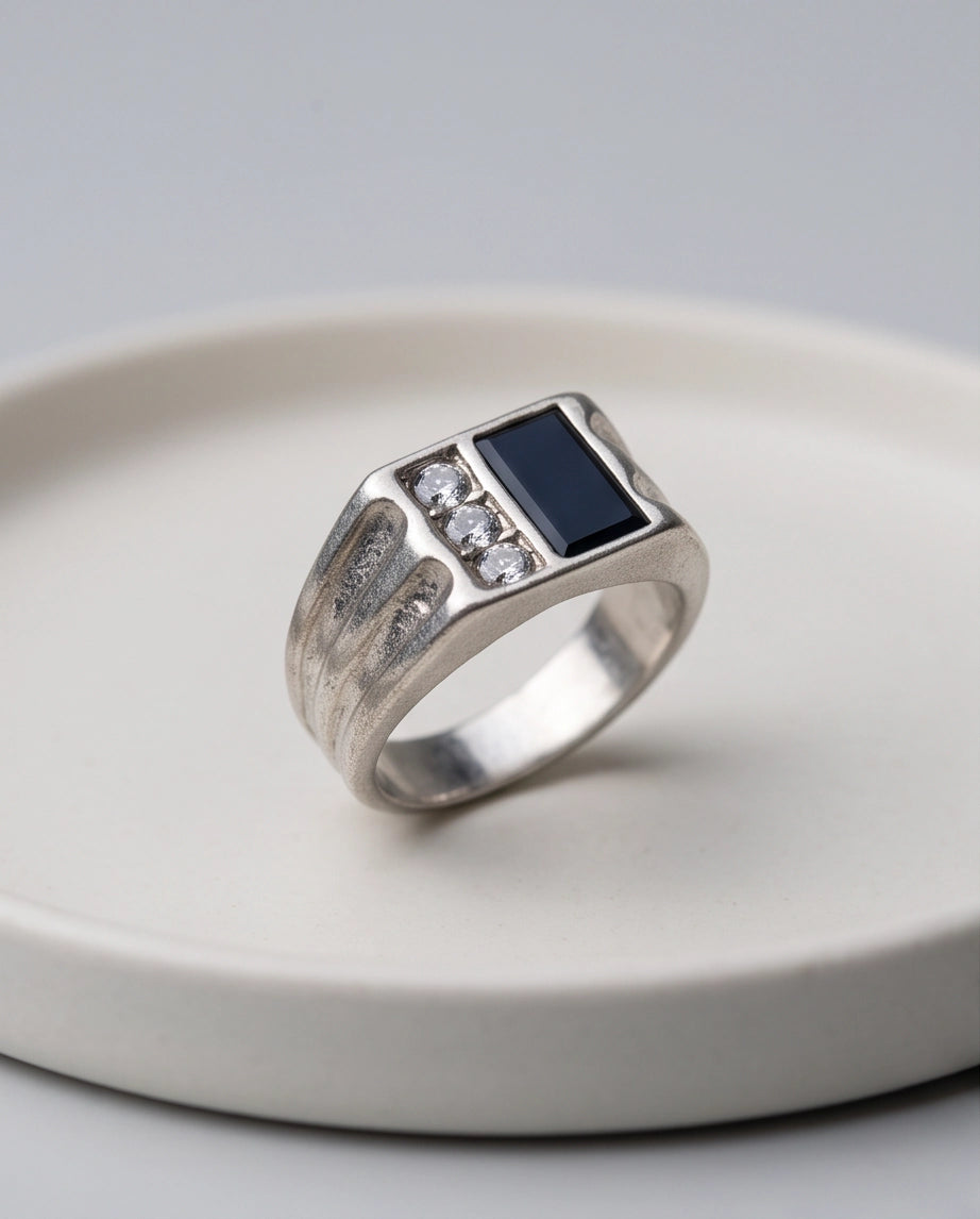 Dual-Panel Onyx & Triple-Crystal Fluted Shoulder Silver Ring