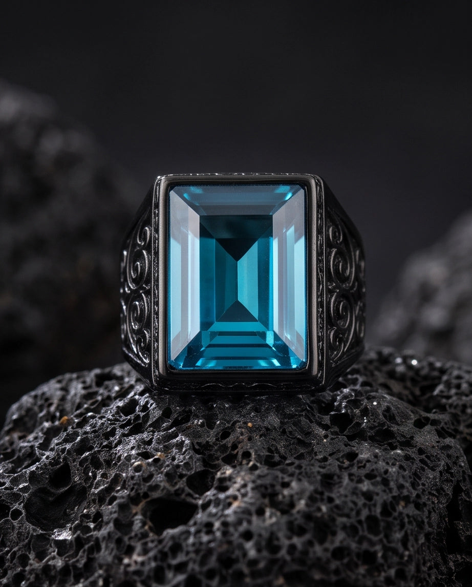 Jet Black Emerald-Cut Onyx Geometric Architectural Silver Ring