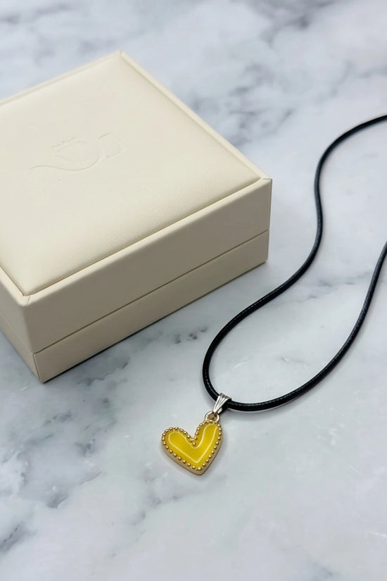 Vibrant Yellow Beaded-Edge Heart Enamel Pendant Necklace