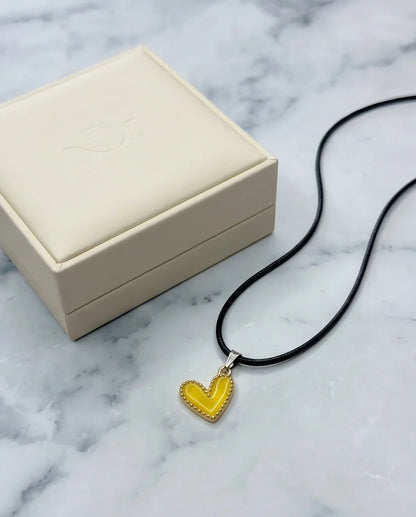 Vibrant Yellow Beaded-Edge Heart Enamel Pendant Necklace