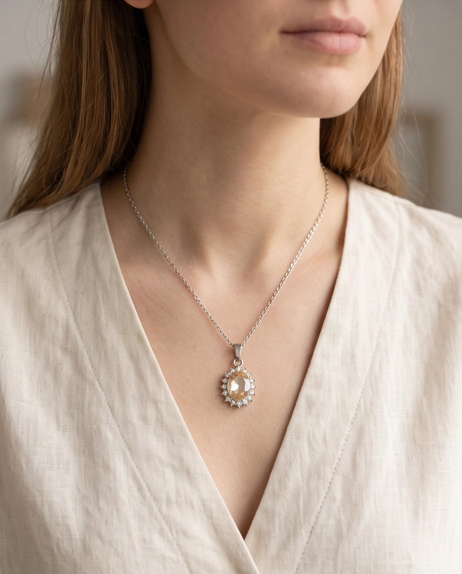 Silver Citrine Yellow Oval Halo Medallion Pendant Necklace