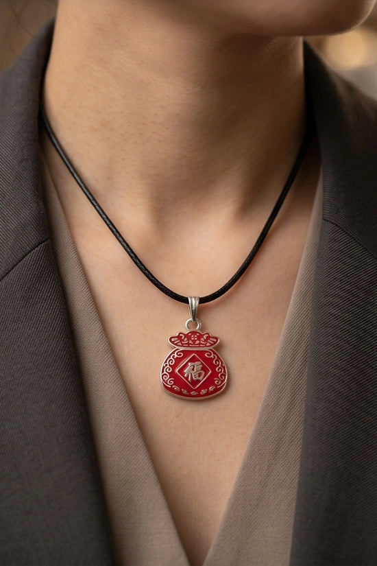 Traditional Red "Fu" Lucky Money Bag Pendant Necklace