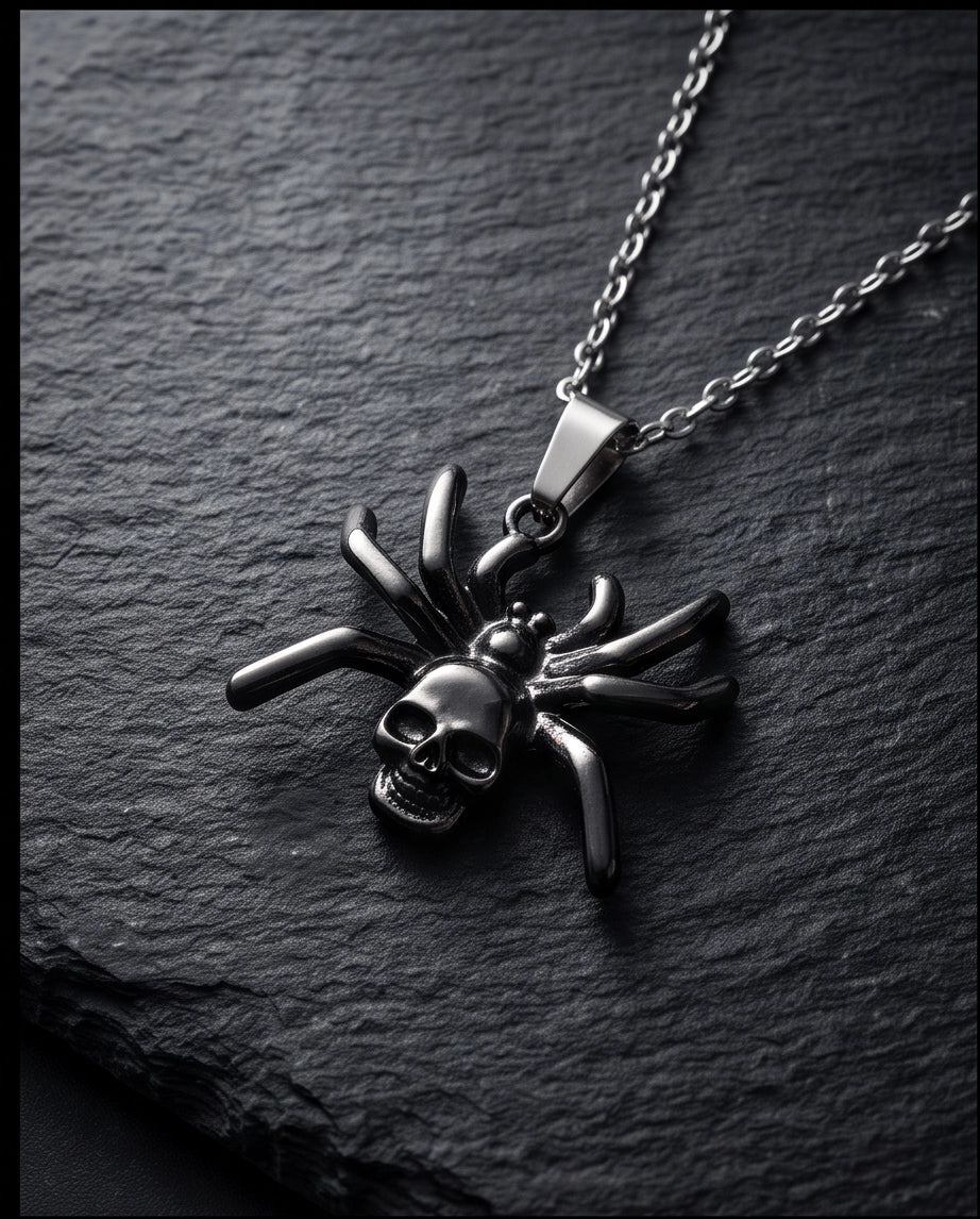 Black Spider Skull Motif Pendant Necklace