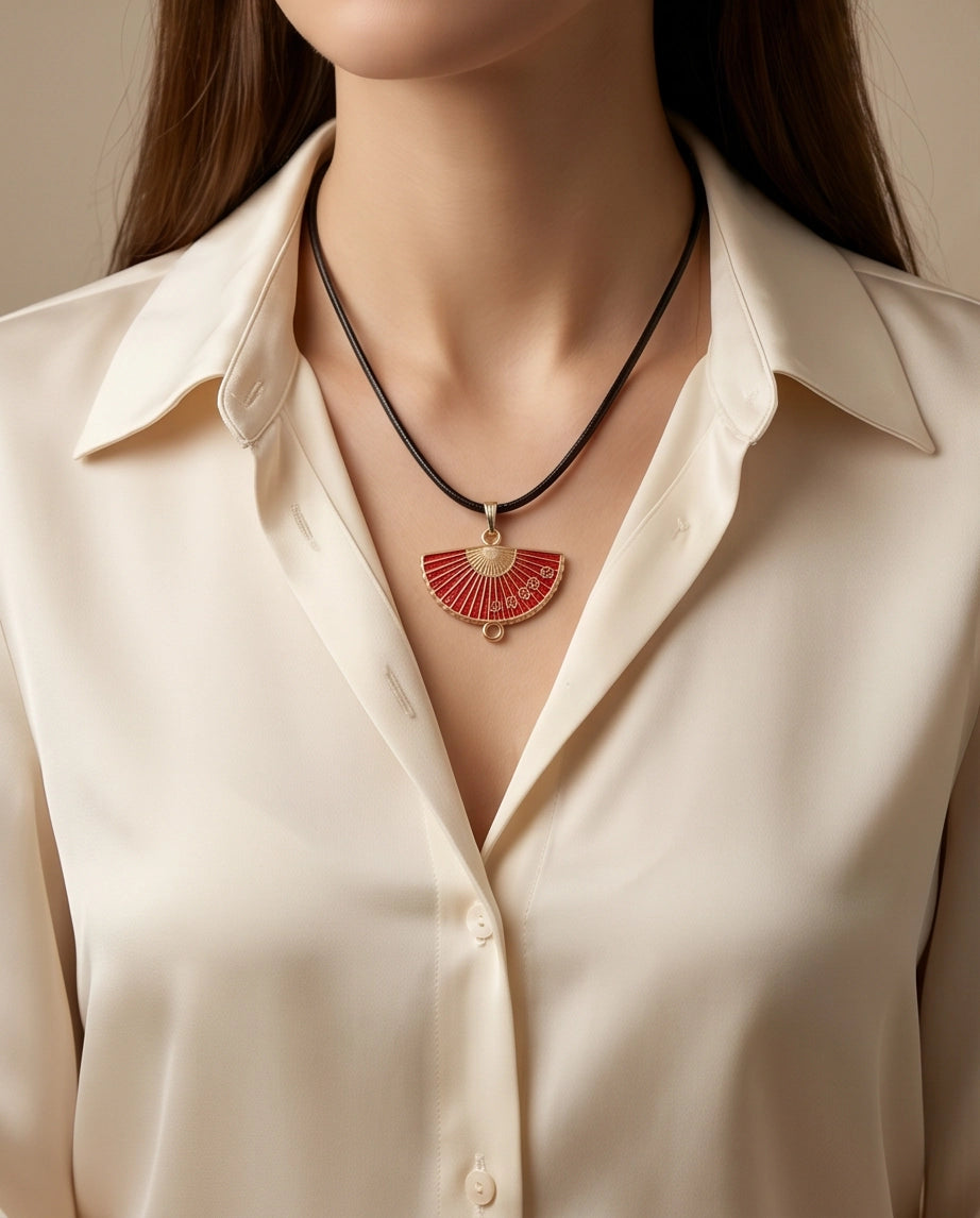 Crimson Sakura Fan Pendant Necklace