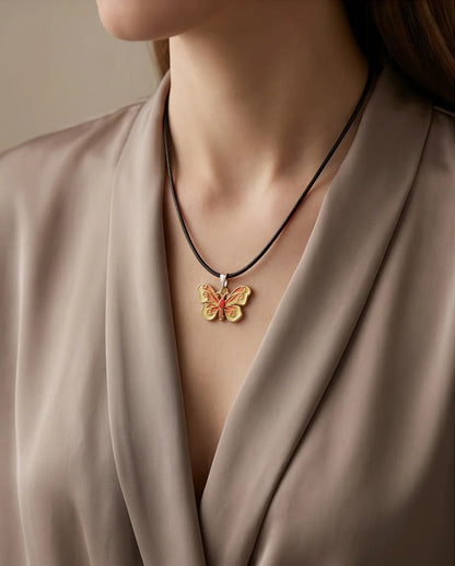 Orange & Yellow Enamel Butterfly Pendant Necklace