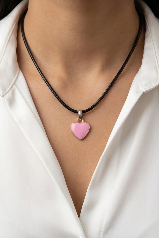 Classic Pink Heart Enamel Pendant Necklace