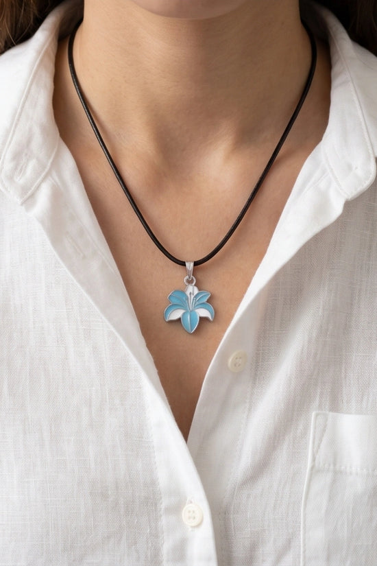 Serene Blue and White Lily Enamel Pendant Necklace