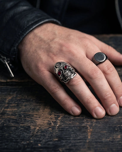 Crimson-Eyed Sculpted Skull Crest Ring