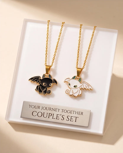 Gold Dragon Couple Enamel Pendant Necklace Set