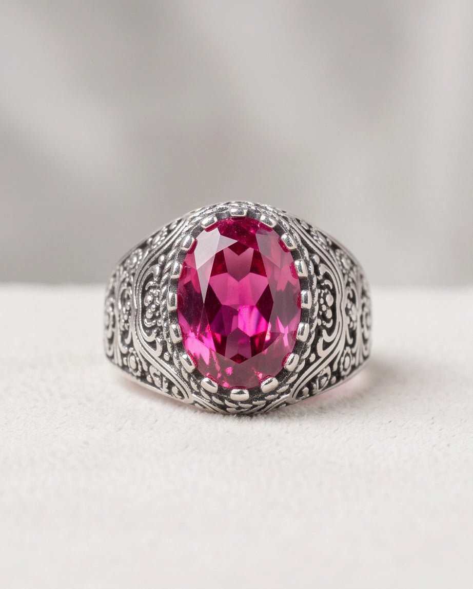 Magenta Oval-Cut Gemstone Ornate Filigree Silver Ring