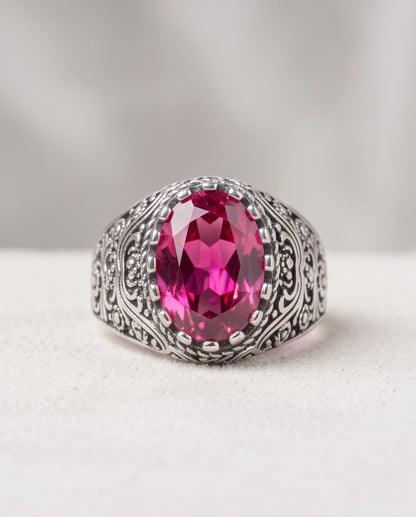 Magenta Oval-Cut Gemstone Ornate Filigree Silver Ring