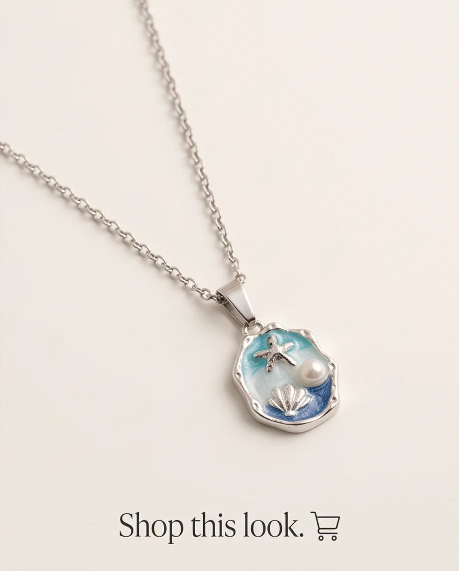 Silver Blue Seashell Starfish Pearl Enamel Medallion Chain Necklace