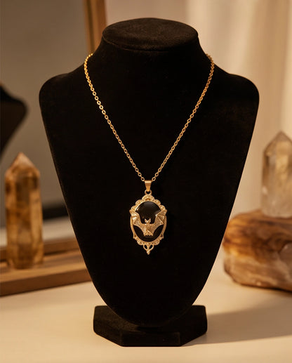 Gold Gothic Bat Black Enamel Medallion Chain Necklace