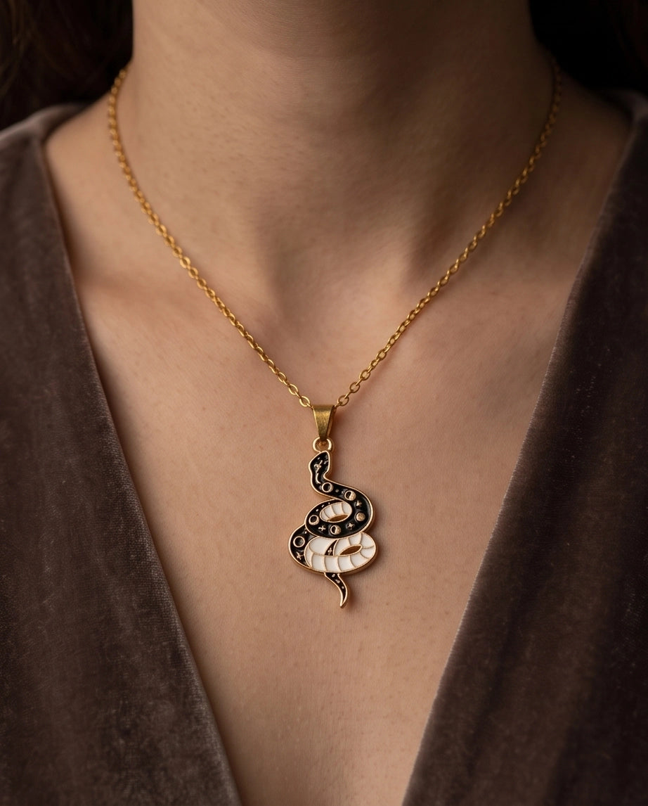 Gold Moon Phase Snake Enamel Pendant Necklace