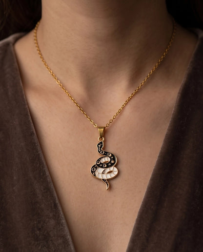Gold Moon Phase Snake Enamel Pendant Necklace