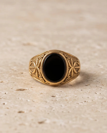 Onyx-Style Oval Cabochon Cross-Motif Filigree Gold Ring