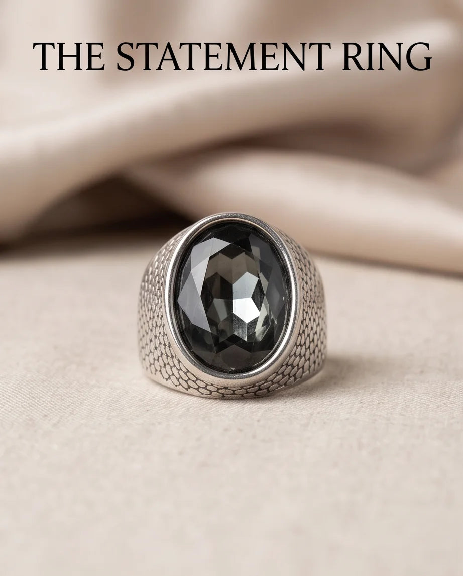 Onyx Gemstone Brickwork Mesh Silver Ring