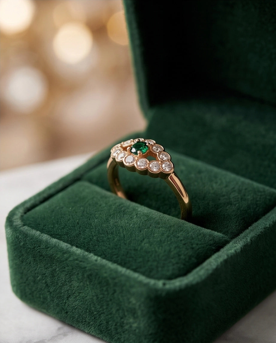 Emerald & Crystal Scalloped Halo Ring