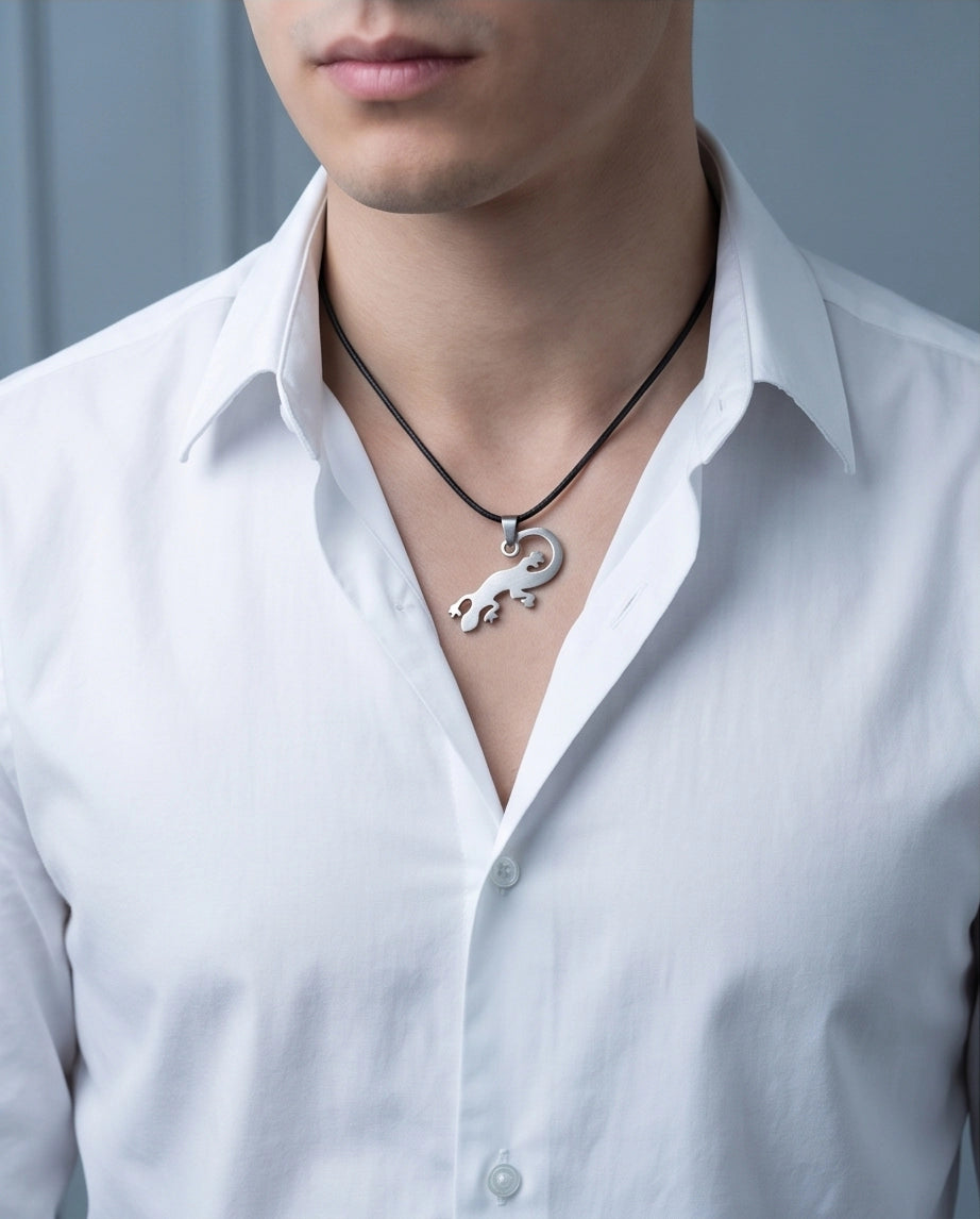Brushed Silver Lizard Cord Necklace