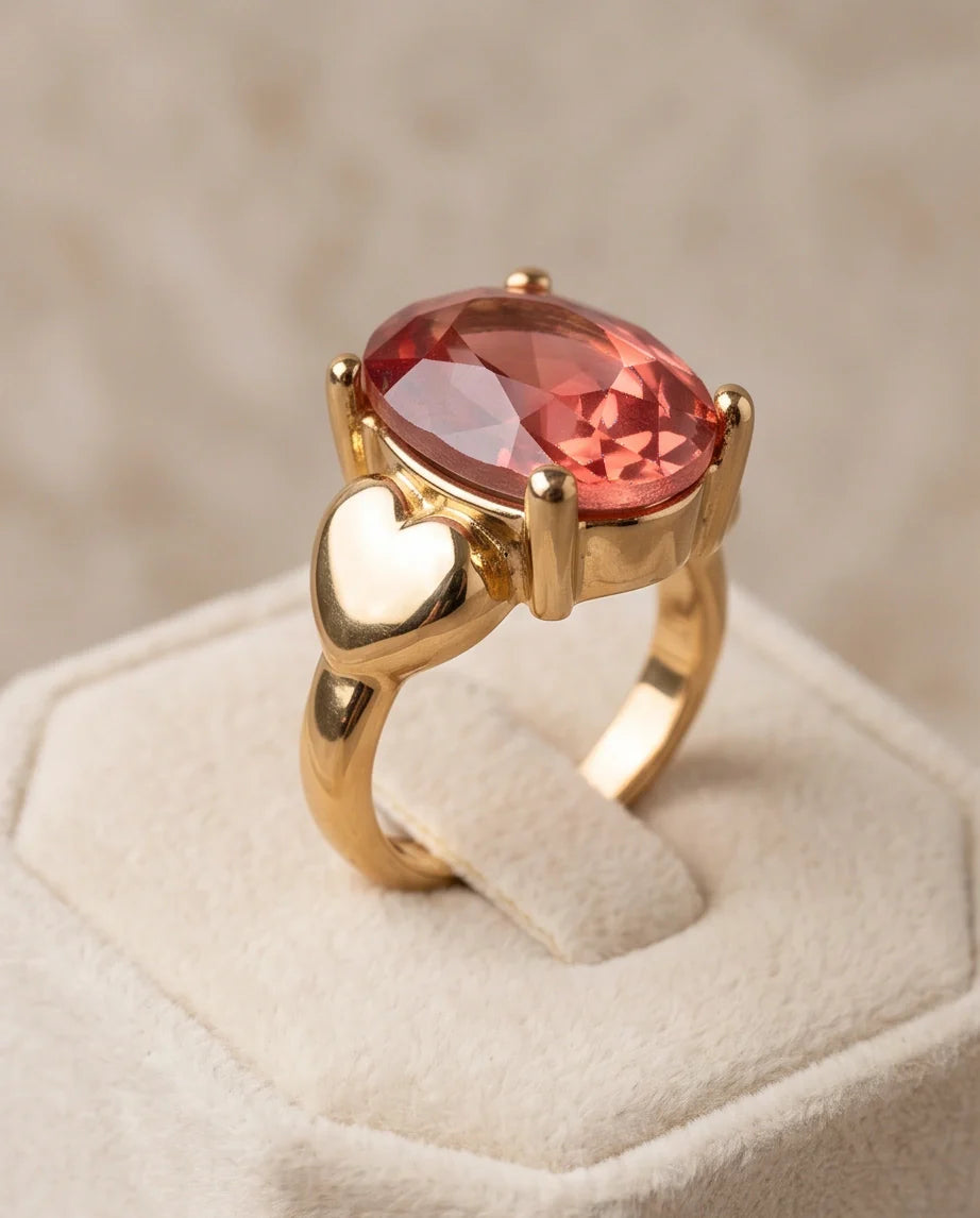 Gold Plated Pink Morganite Oval Heart Accent Ring