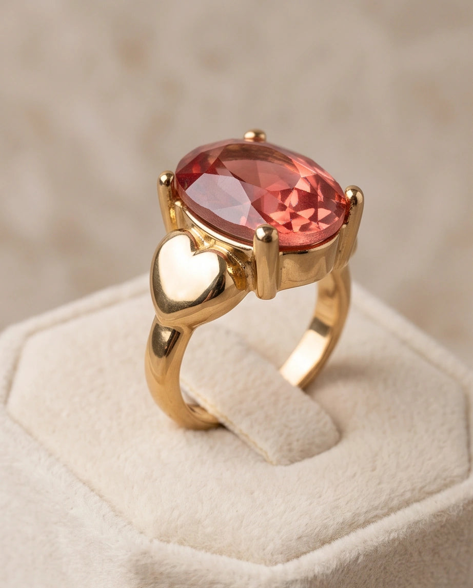 Gold Plated Pink Morganite Oval Heart Accent Ring