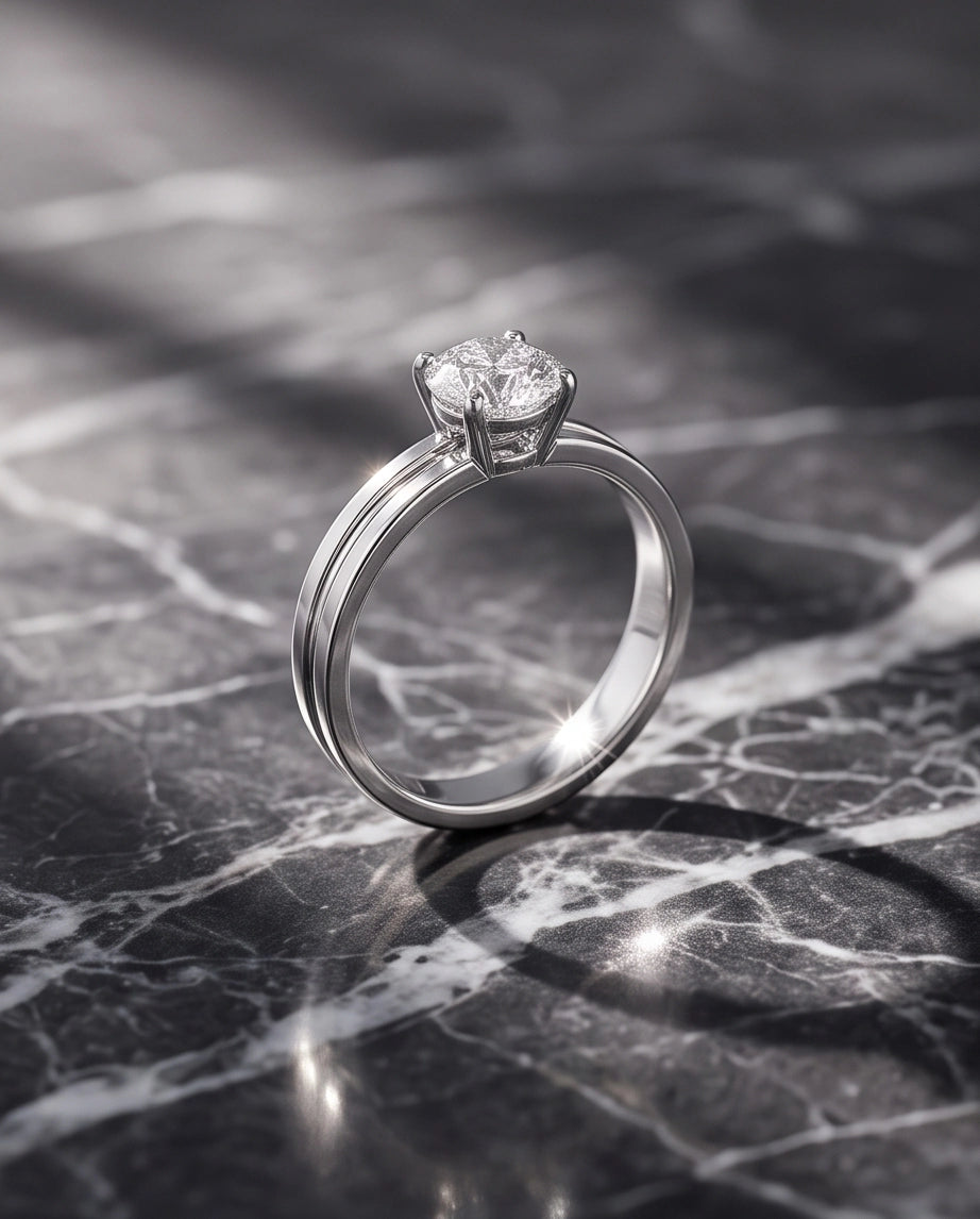 Silver Round Gemstone Grooved Solitaire Ring