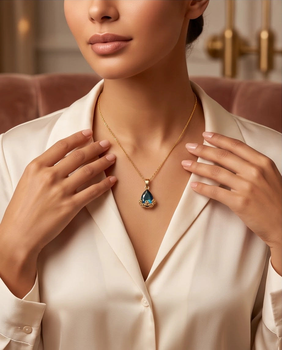 Gold Sapphire Teardrop Floral Basket Pendant Necklace