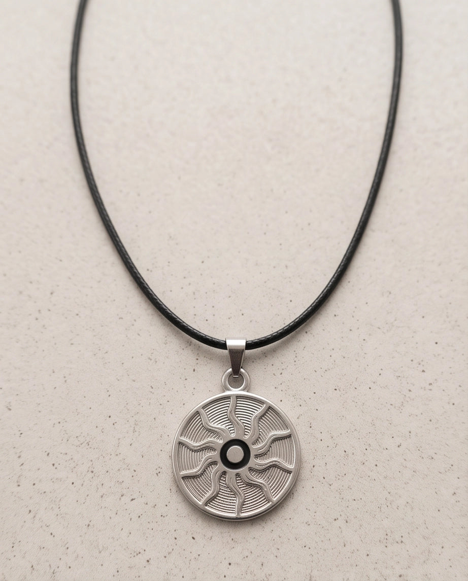 Silver Celestial Sunburst Medallion Cord Necklace