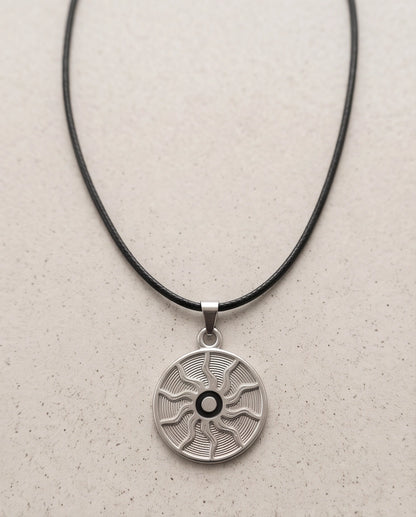 Silver Celestial Sunburst Medallion Cord Necklace