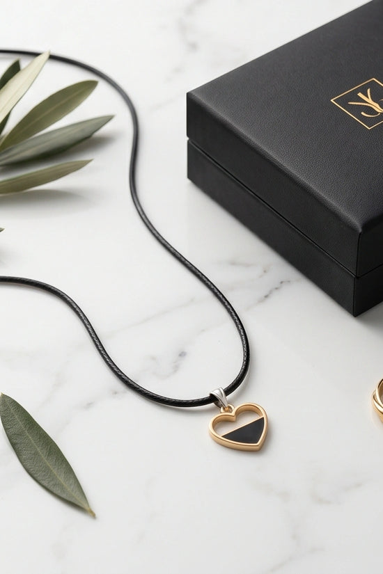Gold Half-Black Enamel Heart Necklace