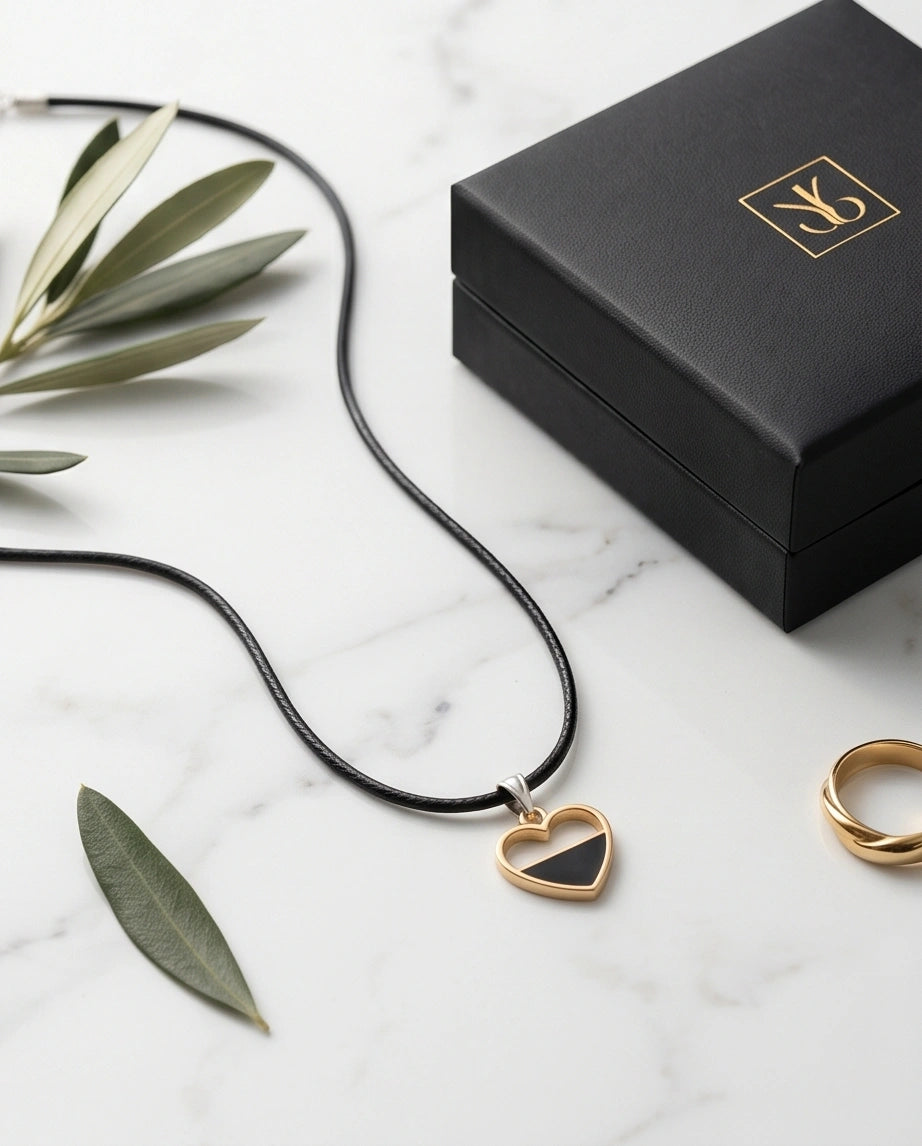 Gold Half-Black Enamel Heart Necklace