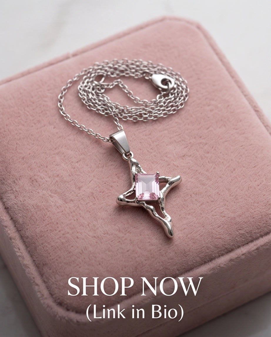 Silver Pink Gemstone Gothic Cross Pendant Necklace