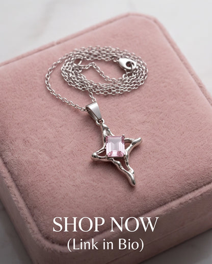 Silver Pink Gemstone Gothic Cross Pendant Necklace