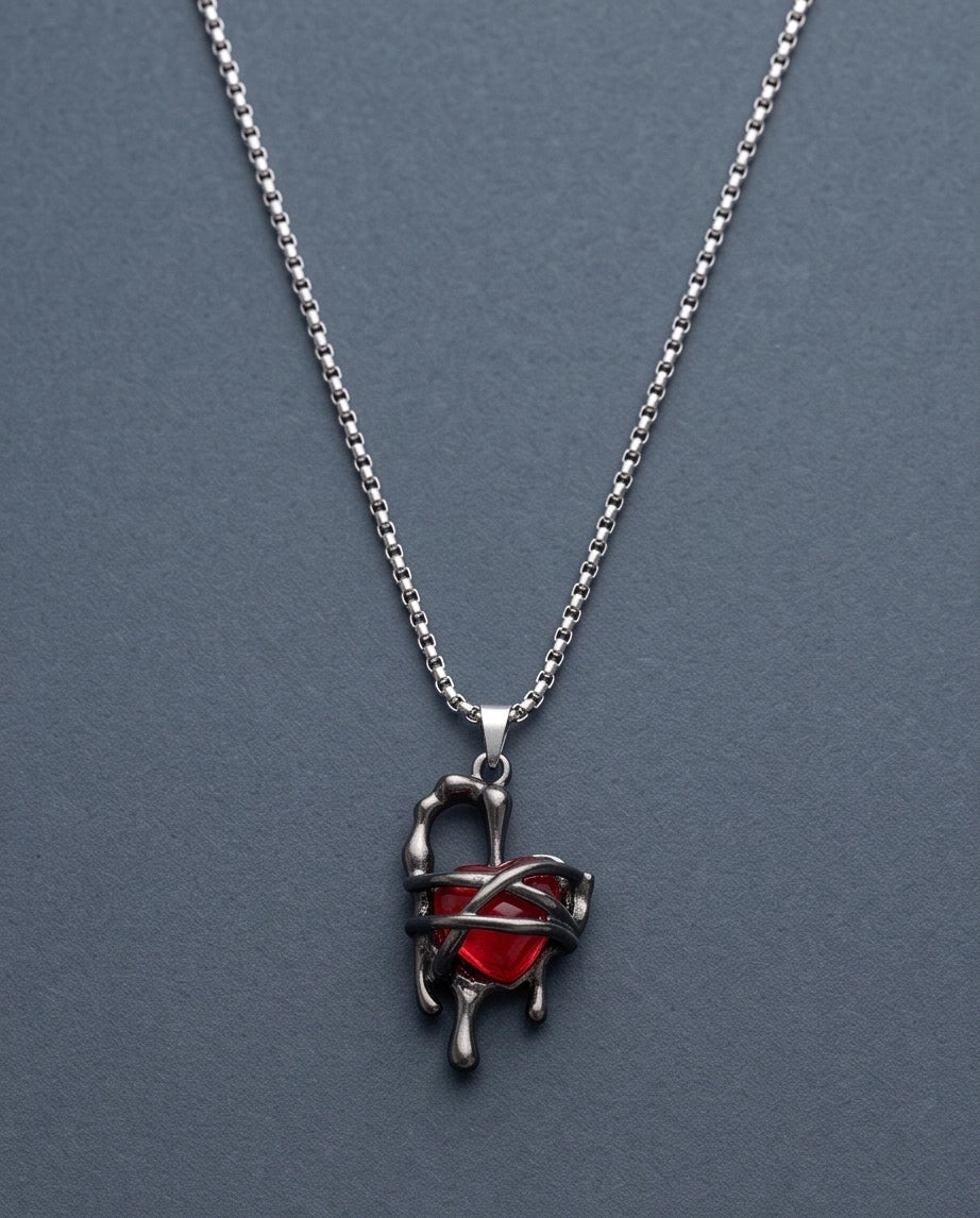Black Thorny Dripping Heart Red Gem Pendant Necklace