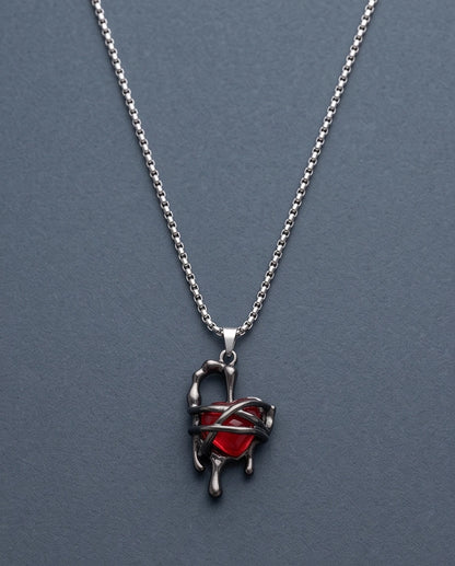 Black Thorny Dripping Heart Red Gem Pendant Necklace