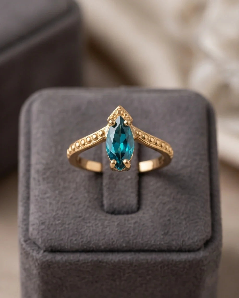 Vintage Gold Marquise London Blue Topaz Chevron Ring
